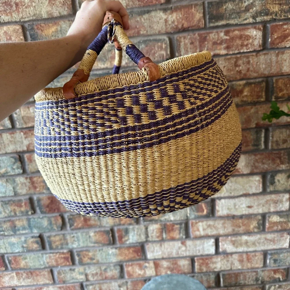 Handmade Woven Bolga Market Basket Purple Natural Straw Leather Handle